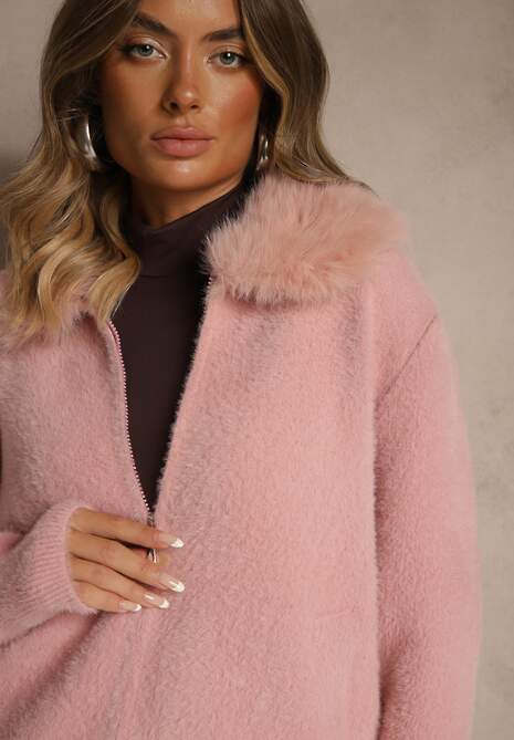 Różowy Zasuwany Kardigan z Wełną z Futerkowym Kołnierzem Asiste