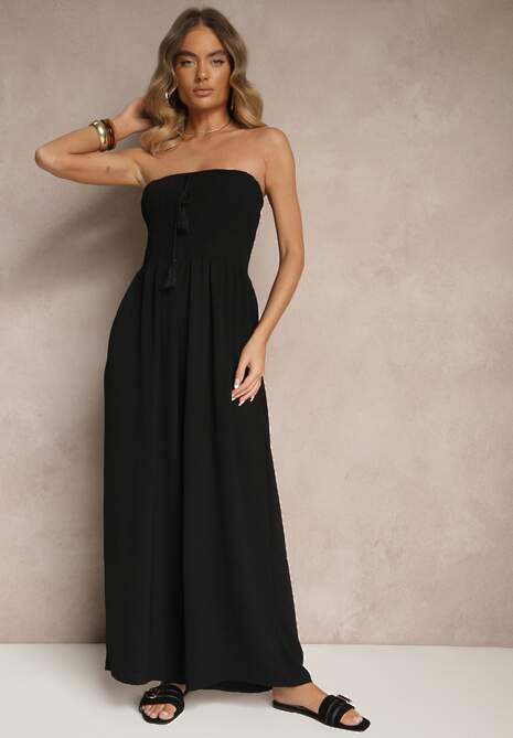 Czarny Kombinezon Bandeau z Szeroką Nogawką Zdobiony Frędzlami Dovaira