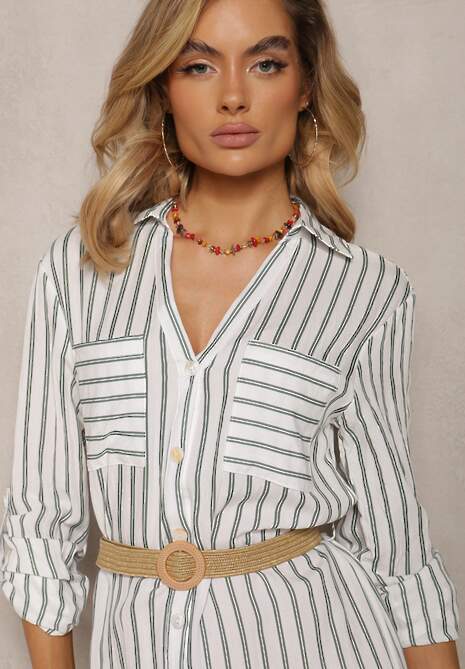 Biało-Zielona Koszulowa Sukienka Midi w Paski z Lnem i Plecionym Paskiem Efordia