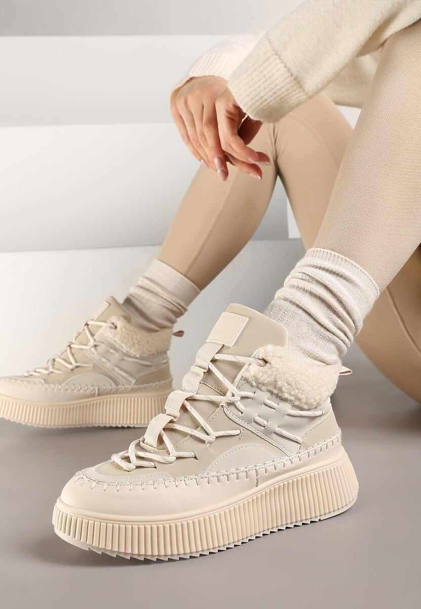 Beżowe Śniegowce Traperki Vices z Futerkiem Typu Baranek i Platformą Terivelle