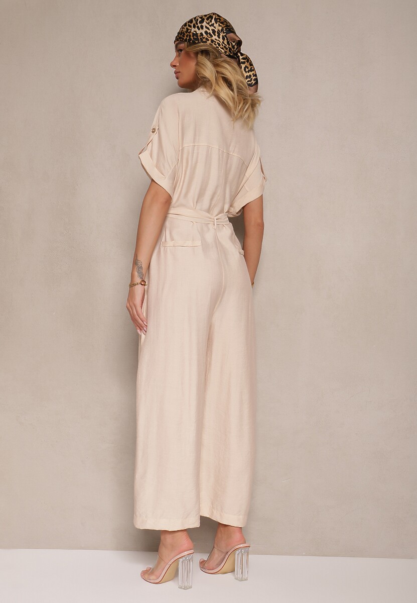 Beżowy Kombinezon Ozdobiony Kieszeniami i Paskiem Wilsedi