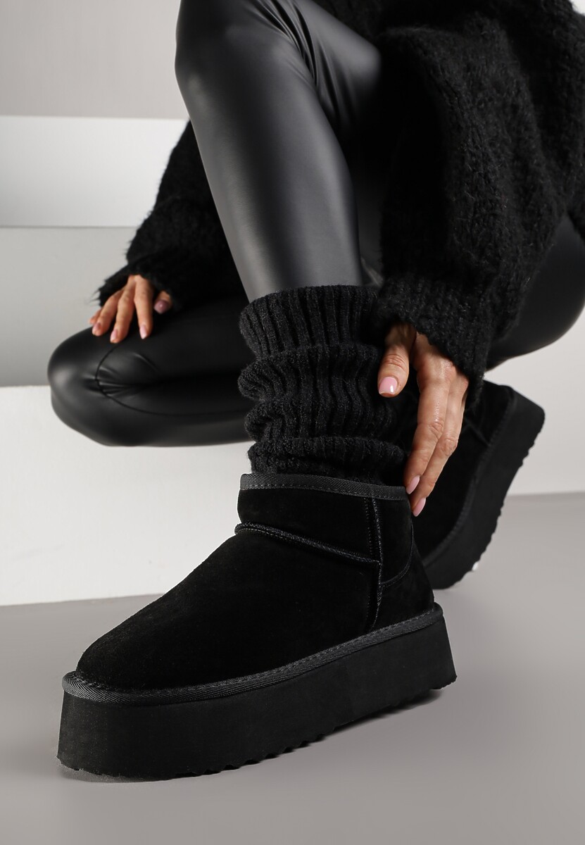 Czarne Wsuwane Śniegowce z Zamszu Naturalnego na Grubej Podeszwie Mevilira