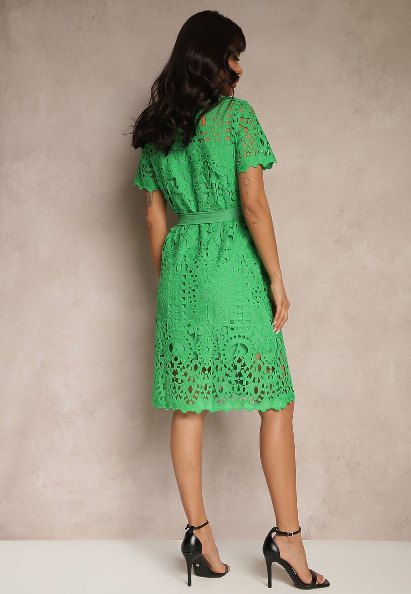 Zielona Koszulowa Sukienka Midi z Ażurowym Zdobieniem Tatrasi