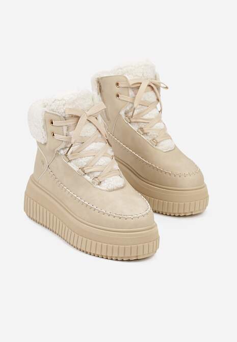 Ciemnobeżowe Śniegowce na Platformie z Tłoczeniem Ozdobione Przeszyciami i Futerkiem Ralassa