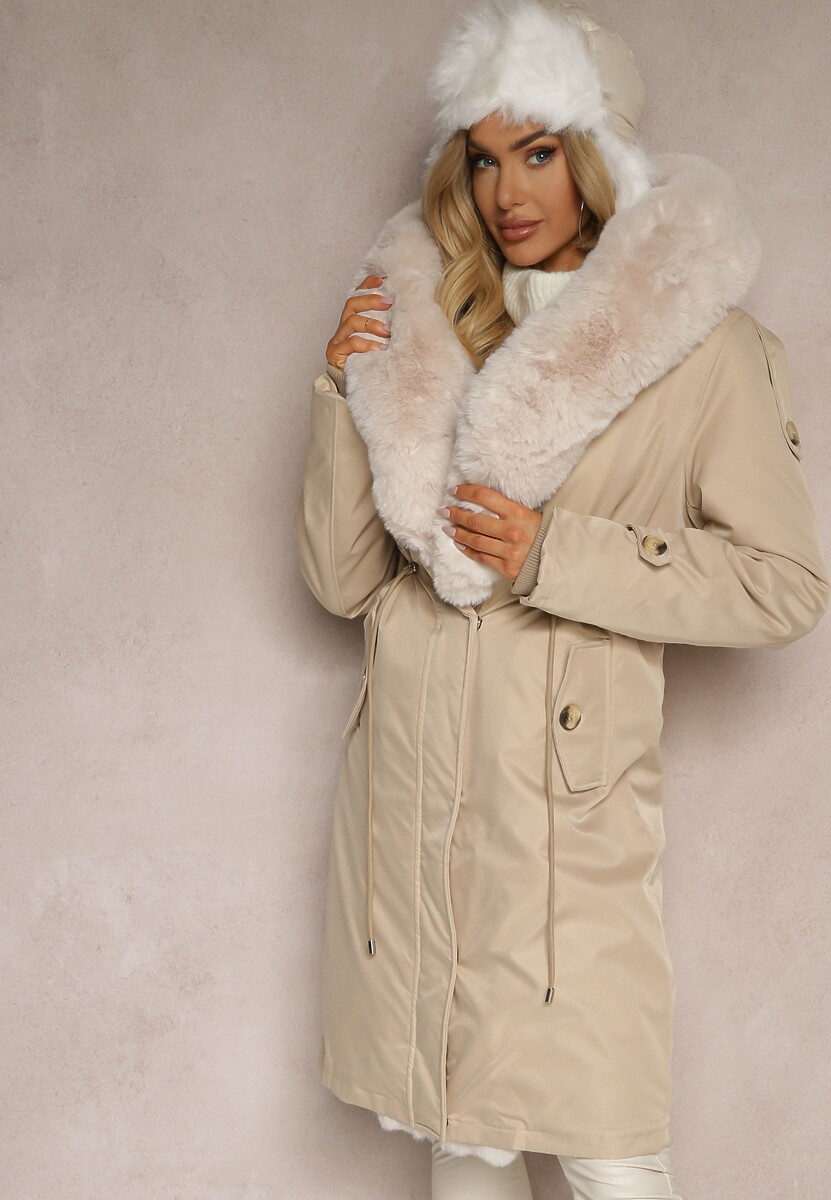 Jasnobeżowa Ocieplana Kurtka Parka z Kapturem i Ściągaczem w Pasie Semilaura