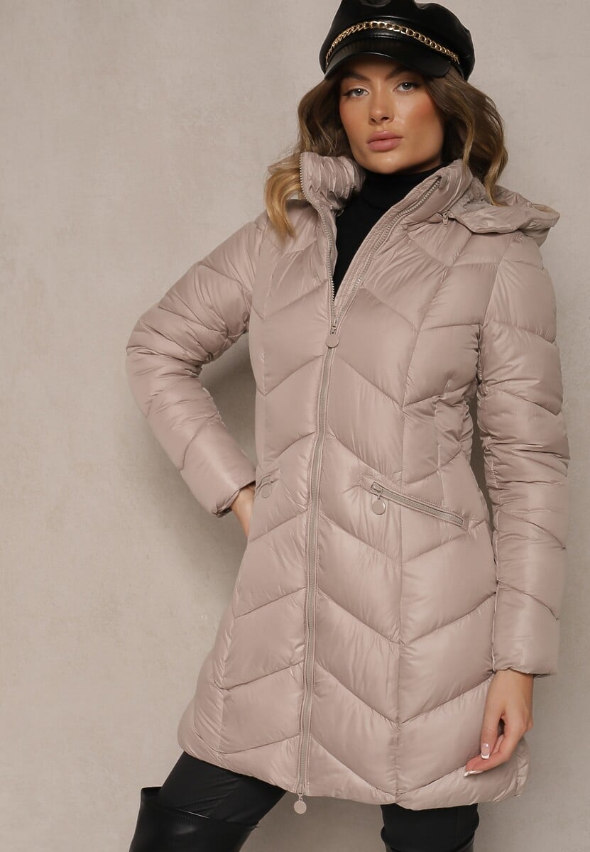 Beżowa Taliowana Kurtka Pikowana z Kapturem Ocieplana Futrem Emillora