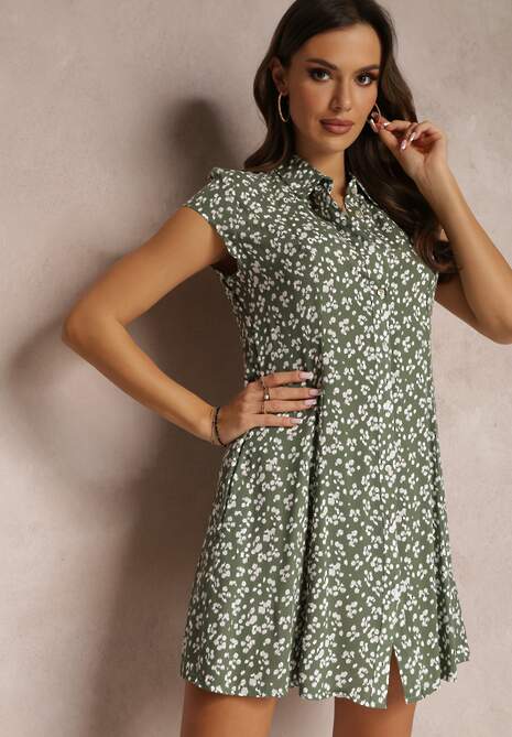 Zielona Sukienka Mini w Kwiatki z Kołnierzykiem Hollin