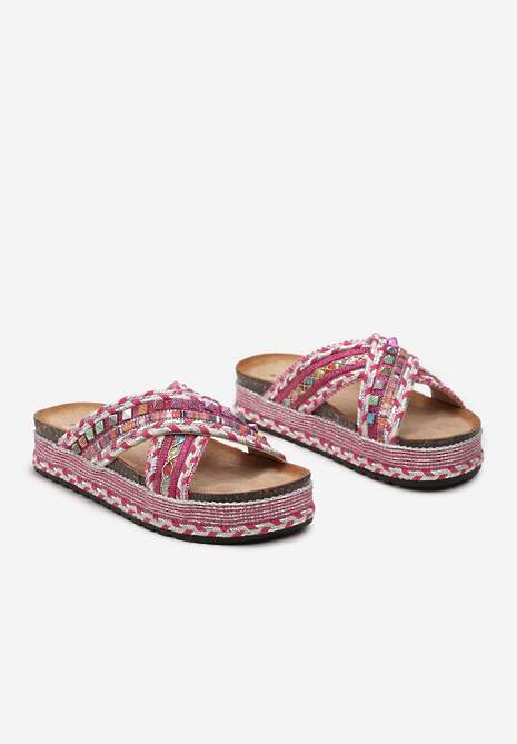 Fuksjowe Klapki Ozdobione Kolorową Nitką Cyrkoniami i Brokatem na Grubej Podeszwie Adanrie