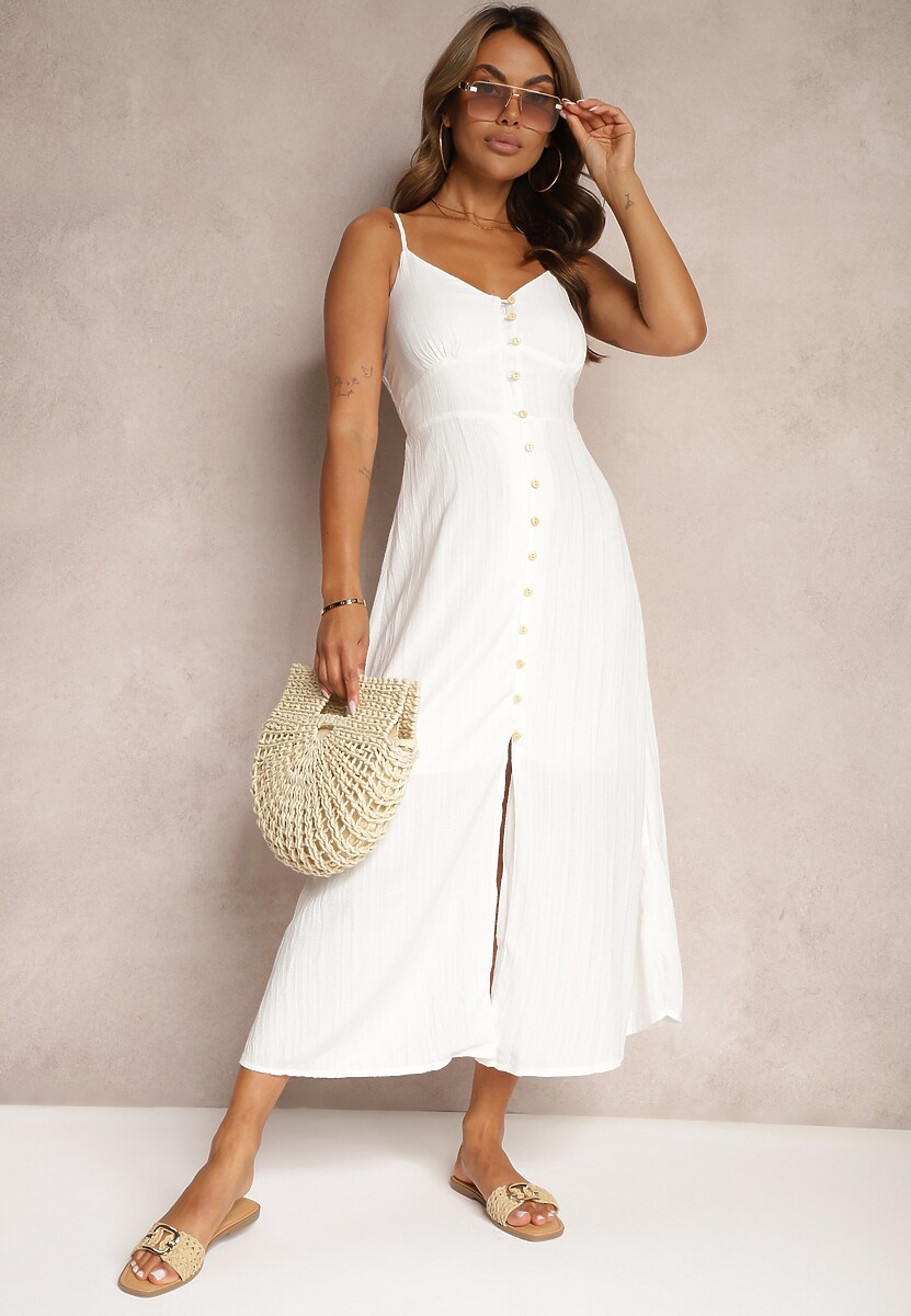 Biała Taliowana Sukienka na Guziki na Ramiączkach z Regulacją Quafea