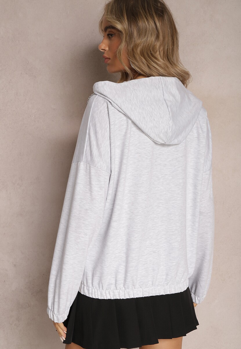 Szara Asymetryczna Bluza z Bawełny z Kapturem i Ozdobnym Suwakiem Lueur