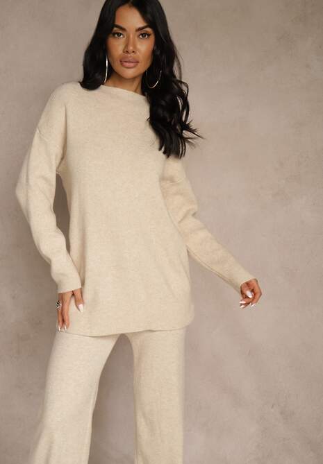 Beżowy Komplet z Wełną i Bawełną Szerokie Spodnie i Sweter o Długim Kroju Reilissa