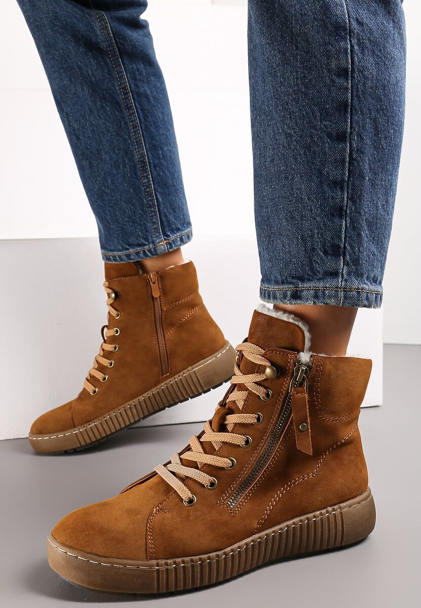 Brązowe Traperki Sportowe ze Sznurowaniem i Ociepleniem Persetina