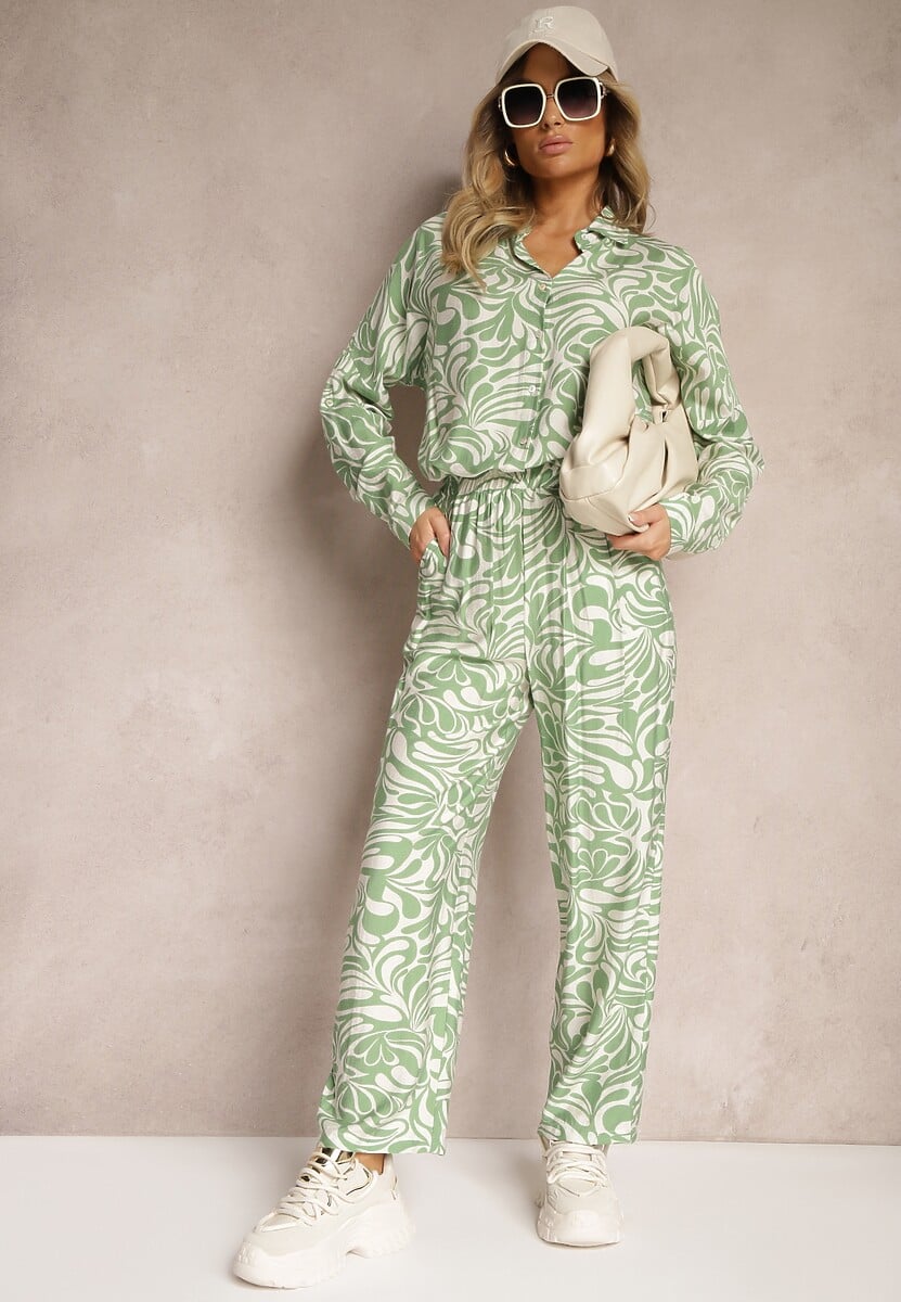 Beżowy Komplet z Dodatkiem Wiskozy Spodnie z Gumką w Talii Koszula z Rękawami z Regulacją Iviria