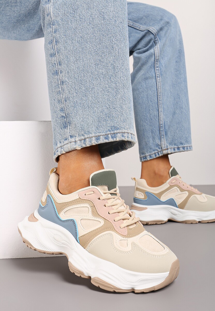 Beżowo-Niebieskie Casualowe Sneakersy na Platformie z Geometrycznym Motywem Mevalise