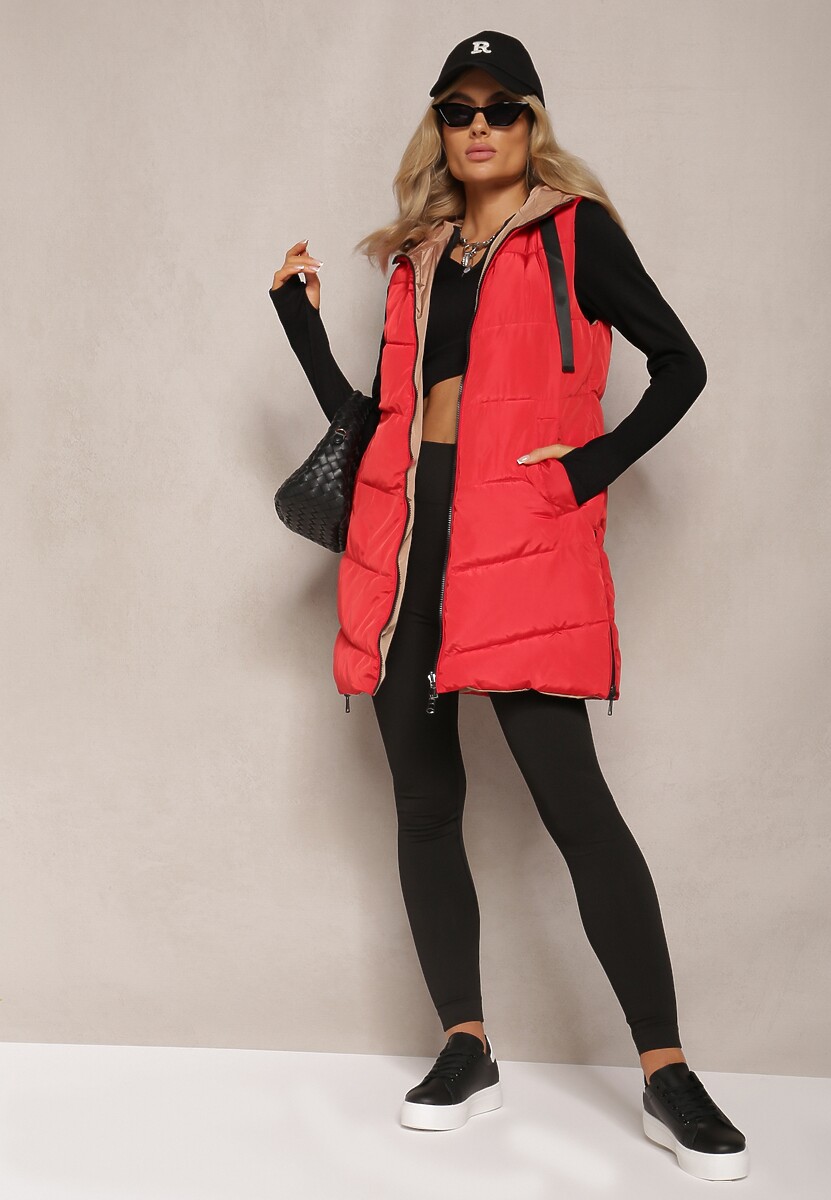 Czerwona Długa Kamizelka Pikowana Dwustronna ze Sznurkami przy Kapturze Frenila