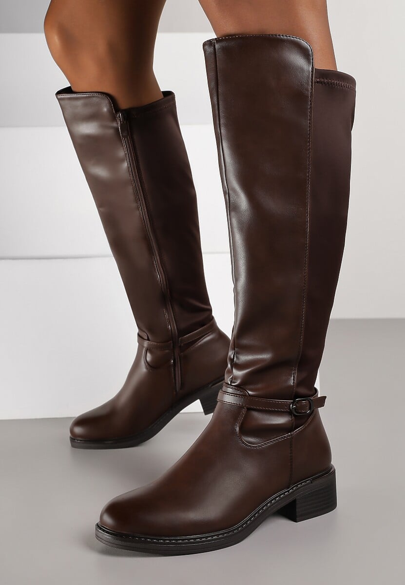 Brązowe Kozaki Typu Oficerki z Klamrą na Pasku Esillea