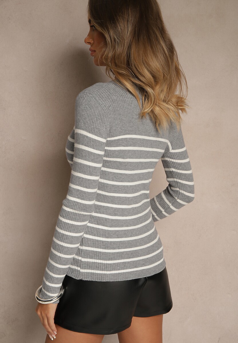 Szara Bluzka z Bawełną z Motywem Pasków i Guzikami Serisse