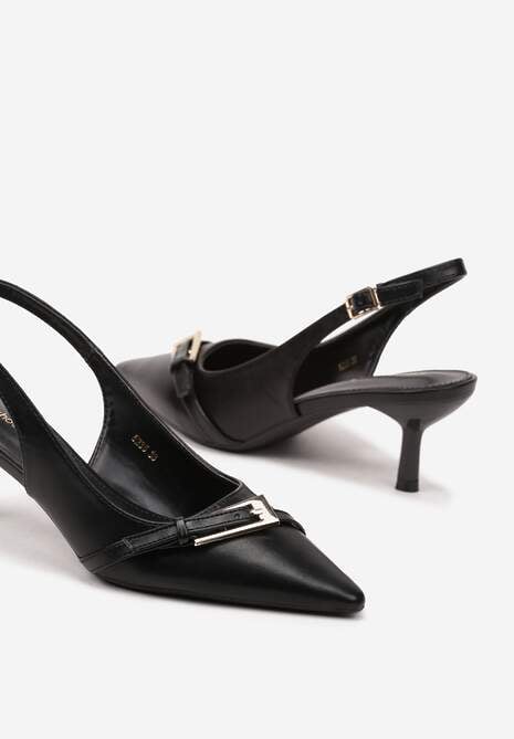 Czarne Sandały na Szpilce Typu Slingback Ozdobione Paskiem z Klamrą Karilen