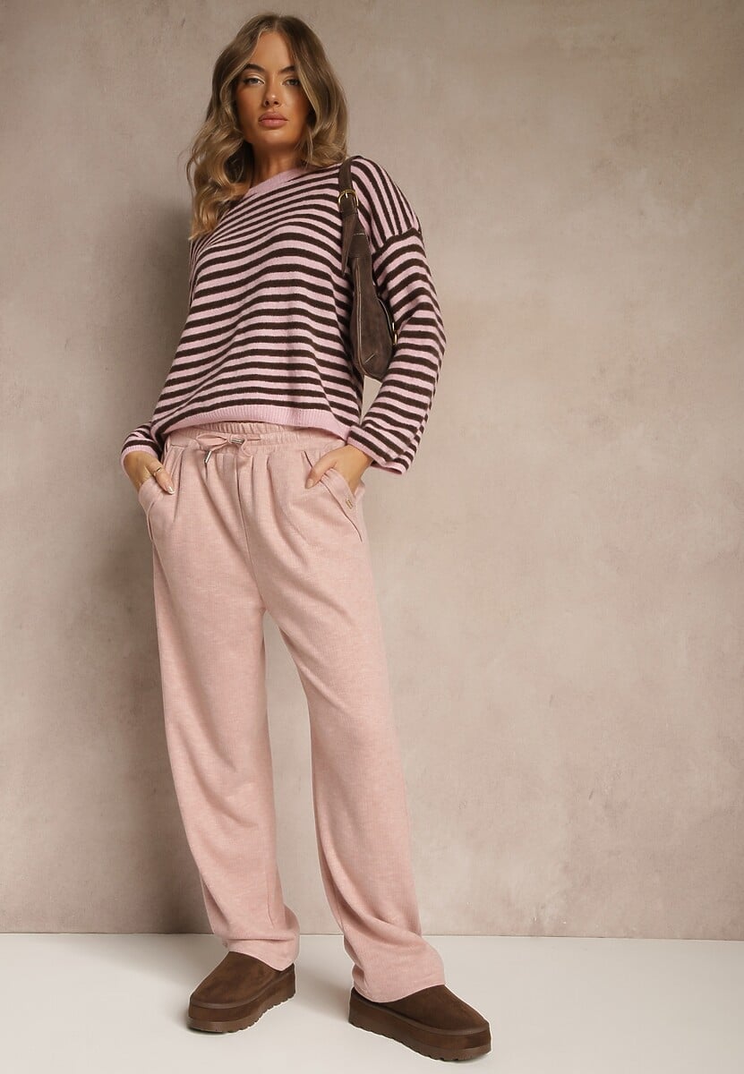 Różowe Spodnie High Waist z Gumką i Troczkami w Pasie Rallena