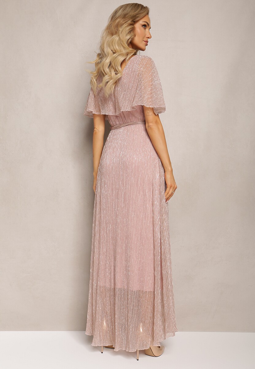 Ciemnoróżowa Koktajlowa Sukienka Maxi z Ozdobną Falbaną na Górze Cailey