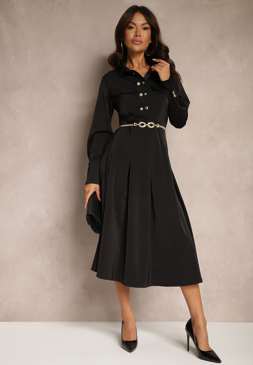 Czarna Koszulowa Sukienka o Rozkloszowanym Kroju z Gumką w Pasie i Imitacją Kieszeni Etaviela