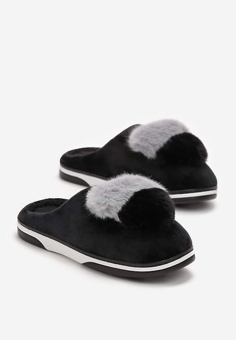 Czarne Kapcie z Pomponem w Kształcie Serduszka z Futerka Rafima