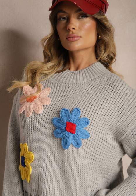 Jasnoszary Sweter z Wiskozą i Kwiatowym Motywem Labrienna