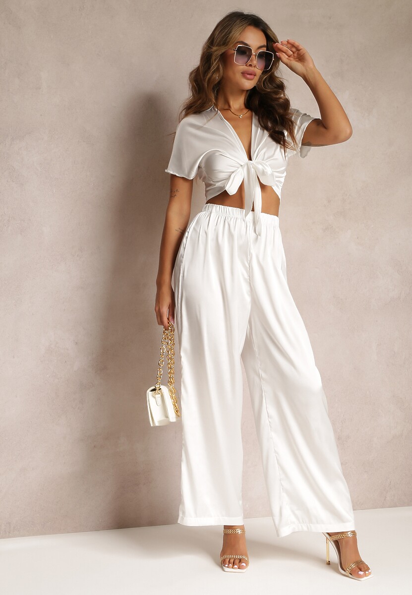 Biały 2-częściowy Komplet z Długimi Nogawkami i Ozdobnym Wiązaniem  Fidansa