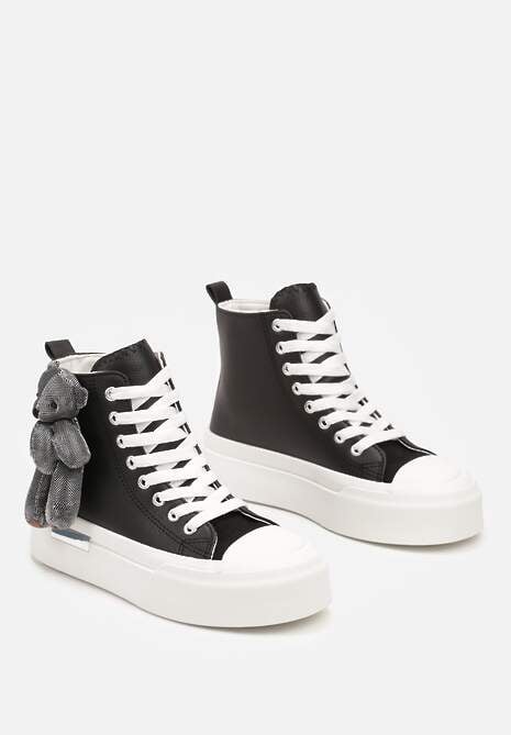 Czarne Trampki za Kostkę na Grubej Podeszwie z Aplikacją w Kształcie Misia Ivarina