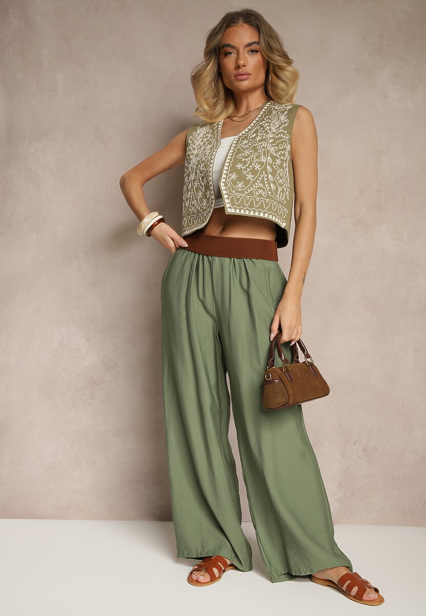 Ciemnozielona Kamizelka z Bawełny z Ozdobnym Haftem Worvanis