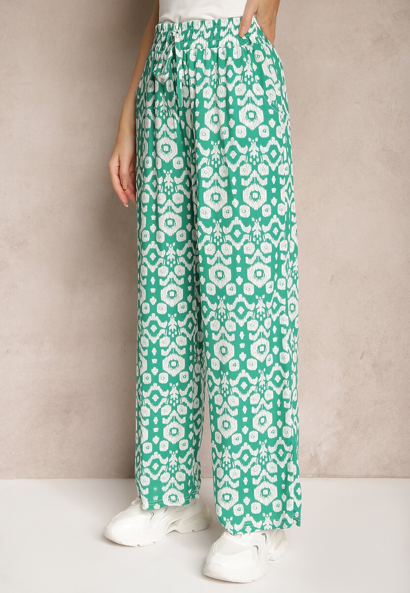 Zielone Wzorzyste Spodnie z Szerokimi Nogawkami i Gumką w Pasie z Wiskozy Zixia