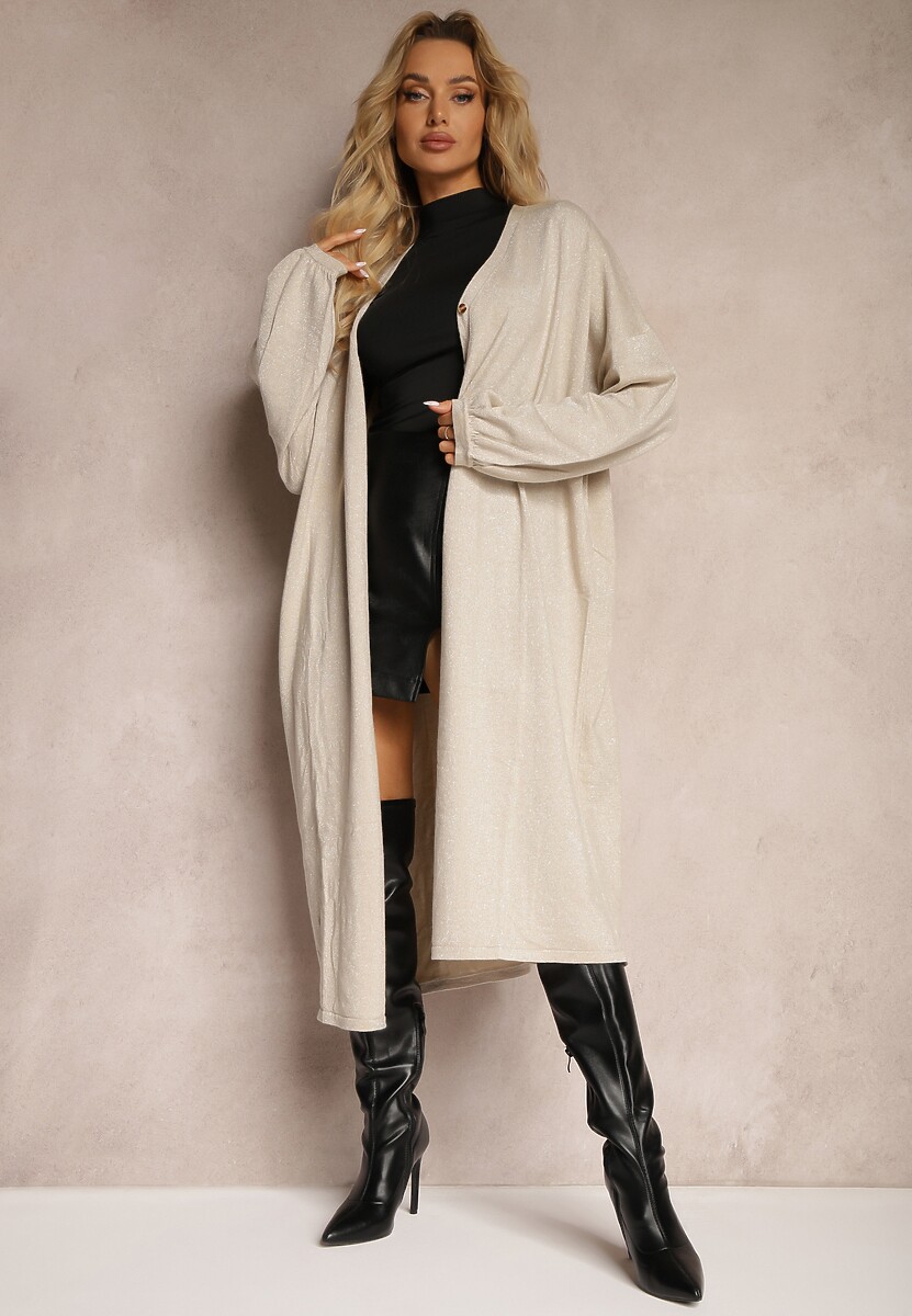 Beżowy Kardigan z Wiskozą o Długim Kroju Zapinany na Guziki z Metaliczną NIcią Arkaria