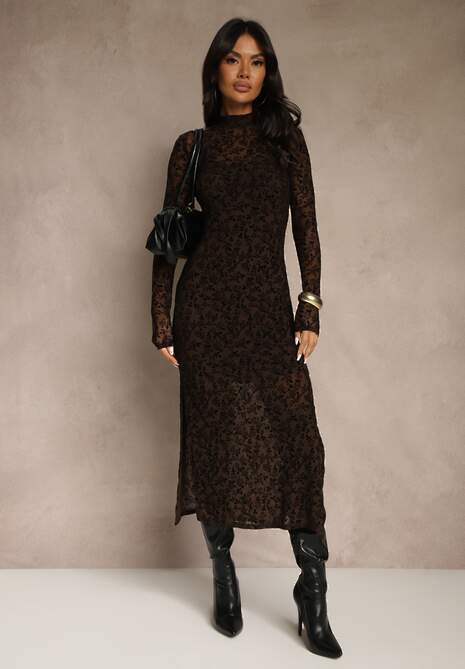 Brązowa Koktajlowa Sukienka z Wiskozą w Welurowe Kwiaty Amette