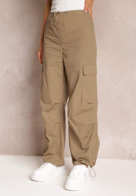 Ciemnobeżowe Szerokie Spodnie Cargo z Gumką w Talii Livlia