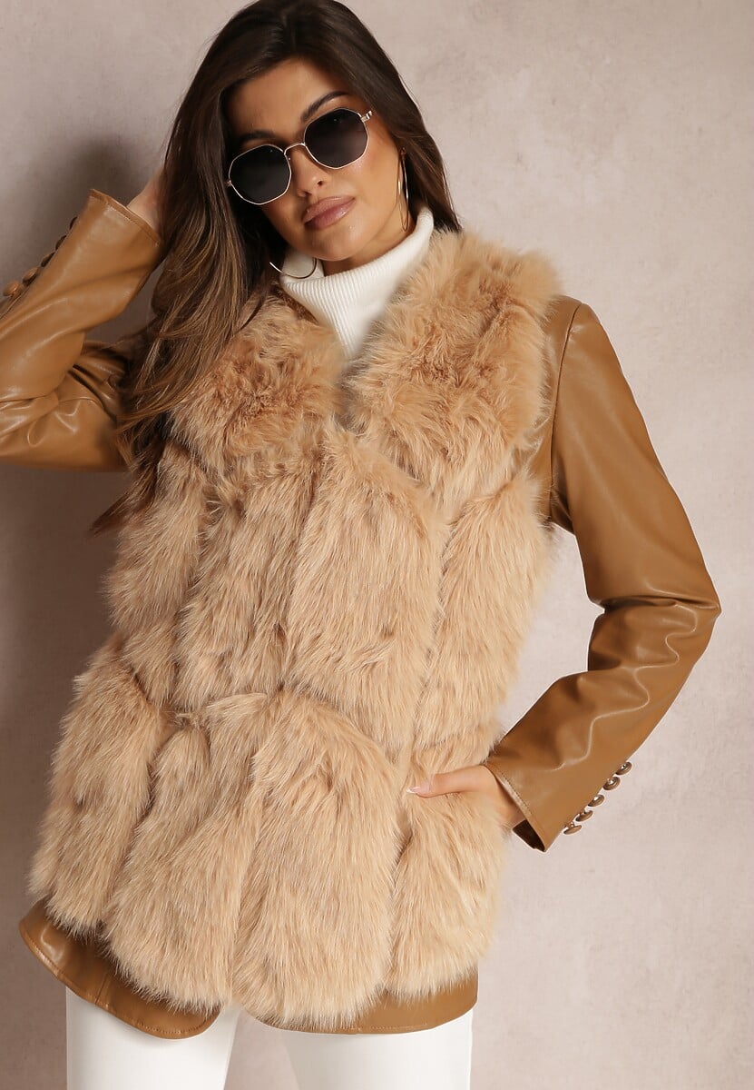 Beżowa Futrzana Kamizelka z Wstawkami z Ekoskóry Lewja