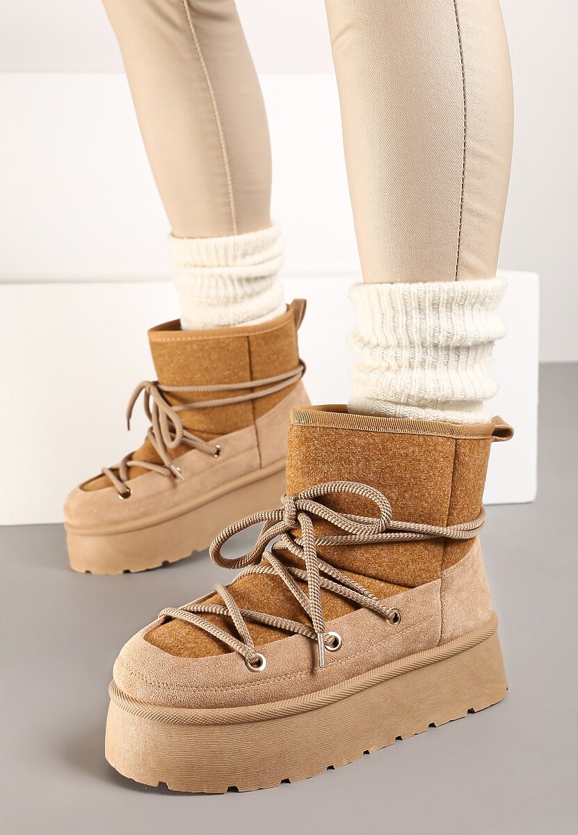 Ciemnobeżowe Śniegowce na Platformie ze Sznurowaniem Werilina