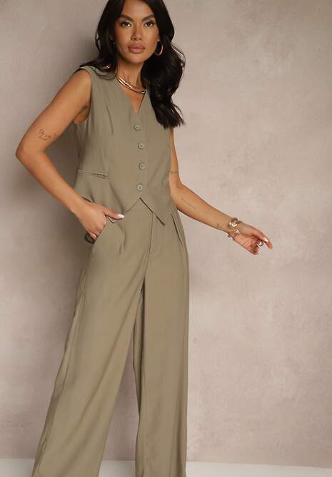 Zielony Wiskozowy Komplet o Garniturowym Kroju Kamizelka i Spodnie Soreya