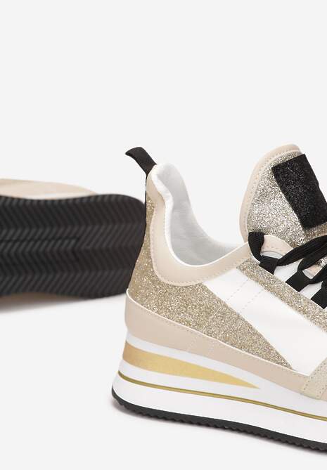 Beżowe Płaskie Sneakersy na Grubej Podeszwie ze Sznurowaniem Ozdobione Brokatem Krisfina