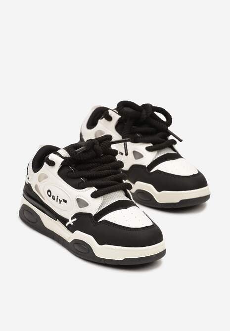Czarno-Białe Sneakersy na Płaskiej Podeszwie Ozdobione Szerokimi Sznurówkami Veniefra