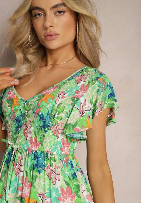 Zielona Długa Sukienka w Kwiaty z Gumką w Pasie Liumbia