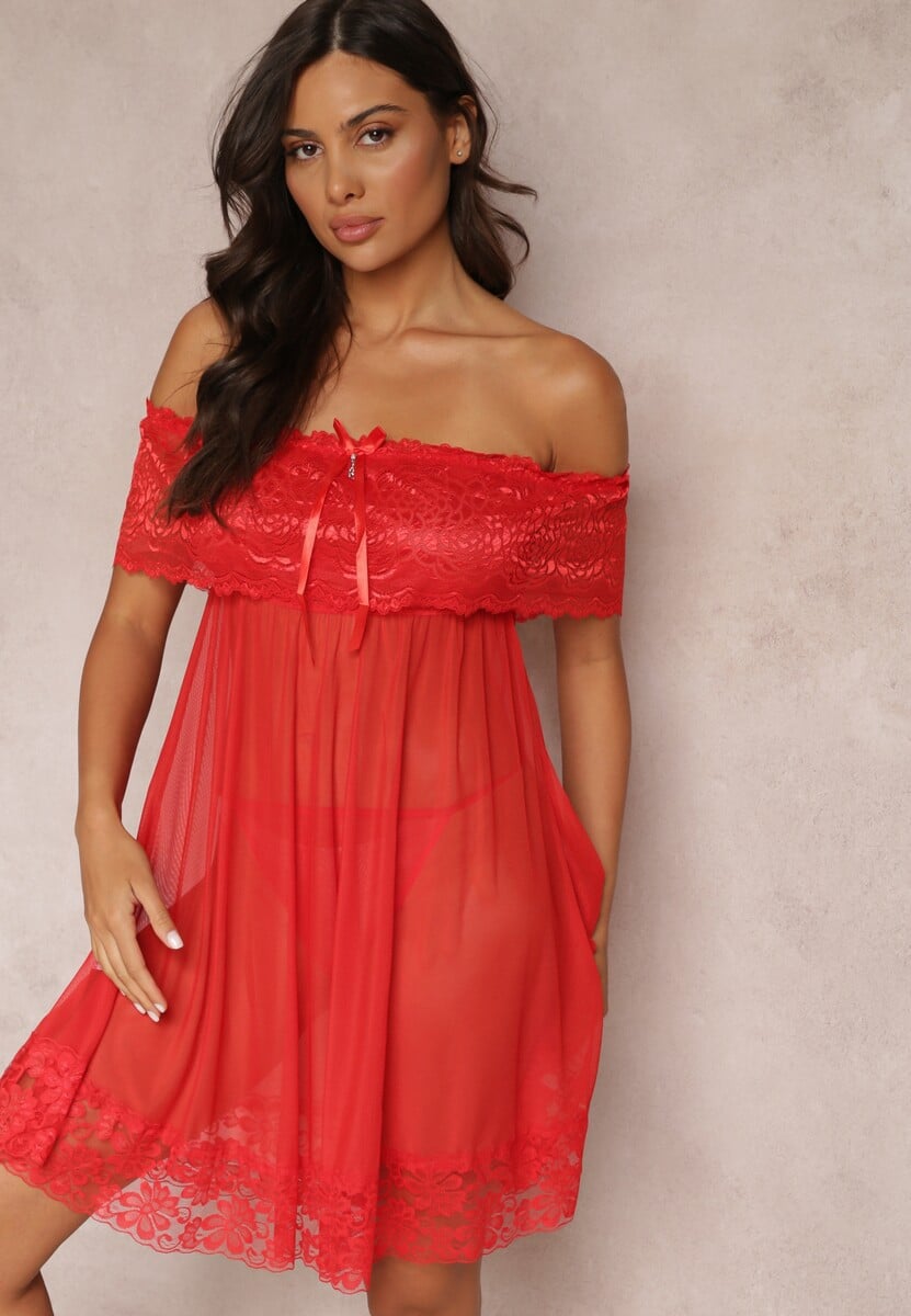 Czerwona Koronkowa Koszula Nocna z Majtkami Typu Stringi Aubina