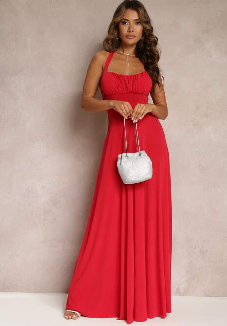 Czerwona Długa Sukienka z Marszczonym Dekoltem i Wiązanymi Ramiączkami Rozvita