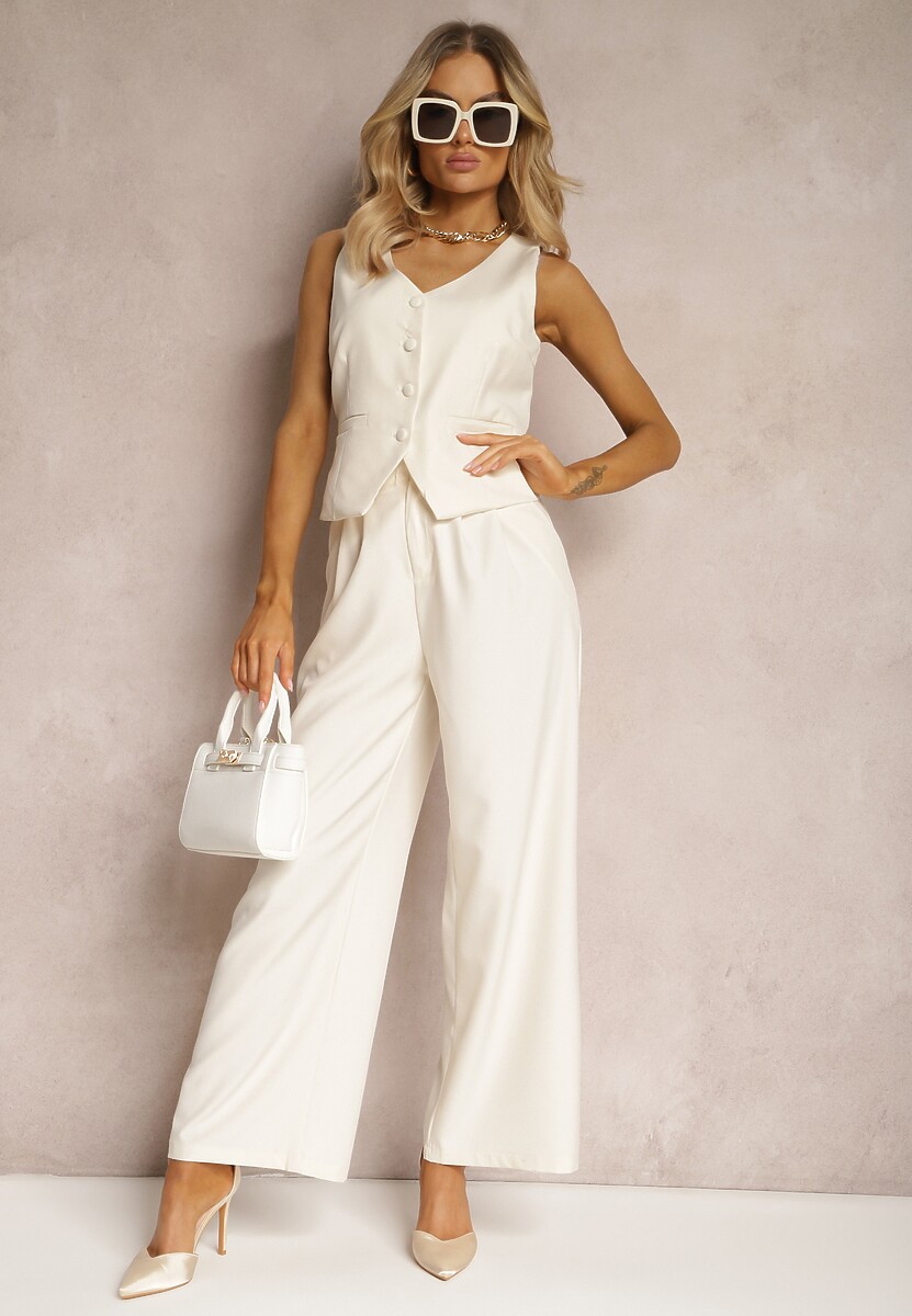 Jasnobeżowy Komplet Garniturowy Kamizelka na Guziki i Szerokie Spodnie Palazzo Pioral