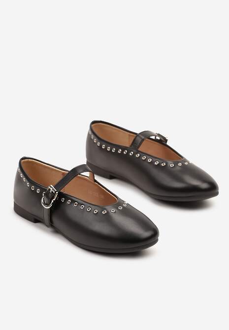 Czarne Balerinki w Stylu Mary Jane ze Zdobieniem z Nitami Fennriva