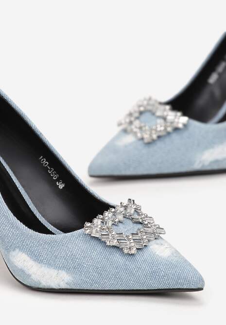 Jasnoniebieskie Szpilki Jeansowe z Ozdobą w Cyrkonie Lalya