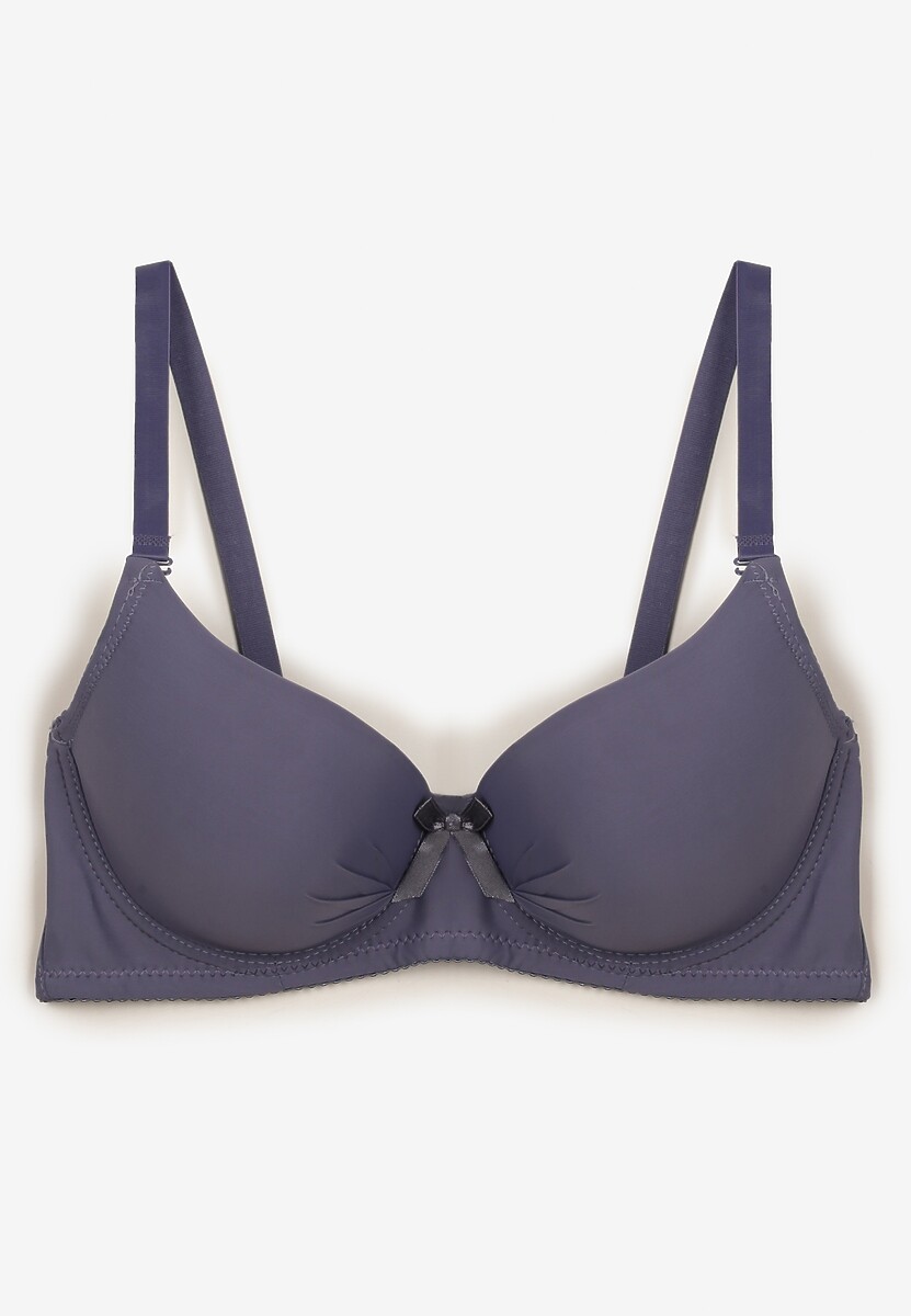 Granatowy Casualowy Gładki Biustonosz z Ozdobną Kokardką i Regulowanymi Ramiączkami Kenssin