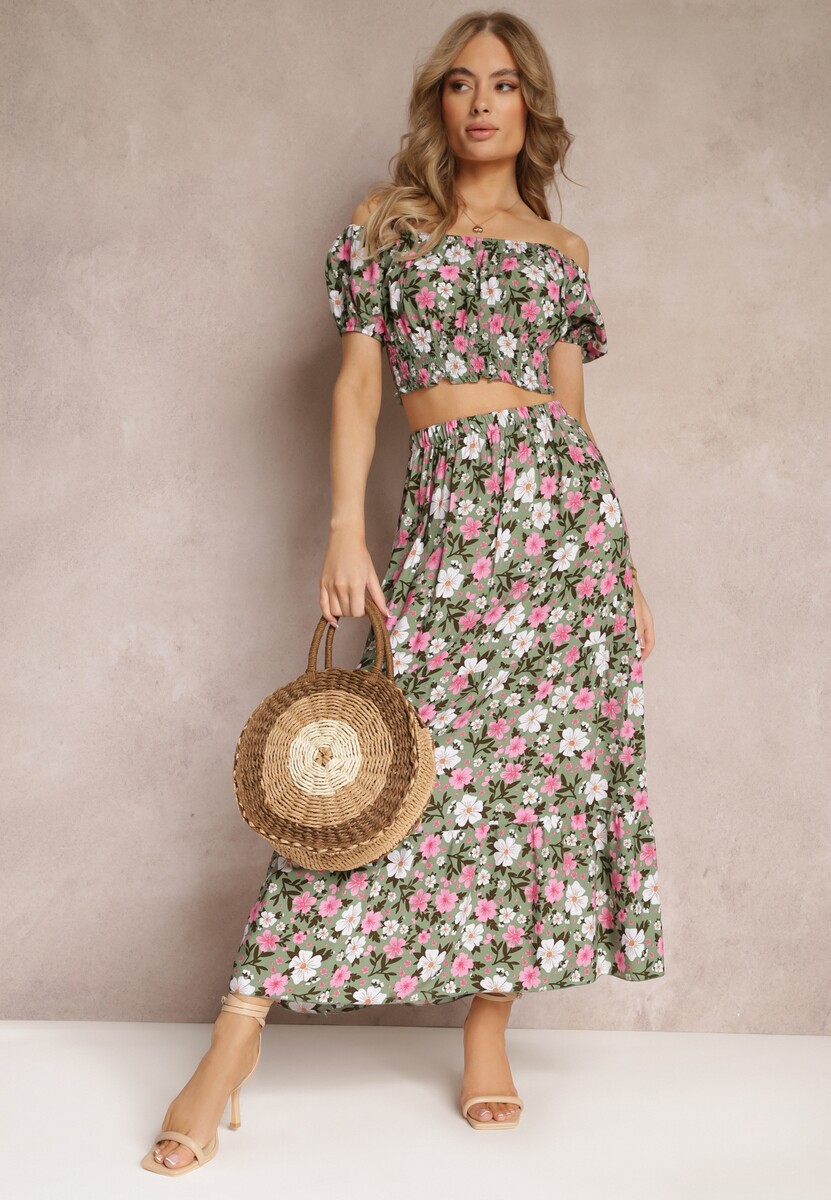 Zielony Bawełniany Komplet 2-częściowy w Kwiaty Malenis