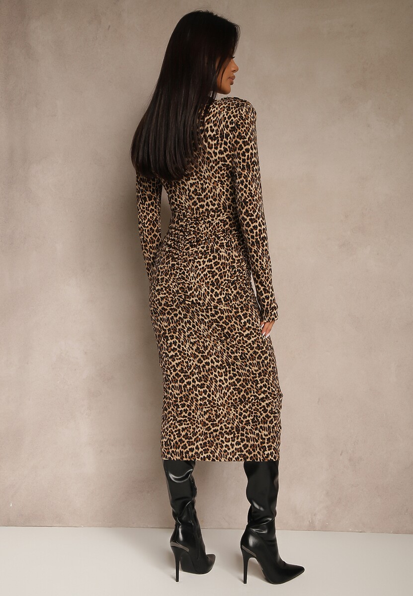 Brązowa Sukienka w Panterkowy Print o Dopasowanym Kroju z Cyrkoniami Nallinette