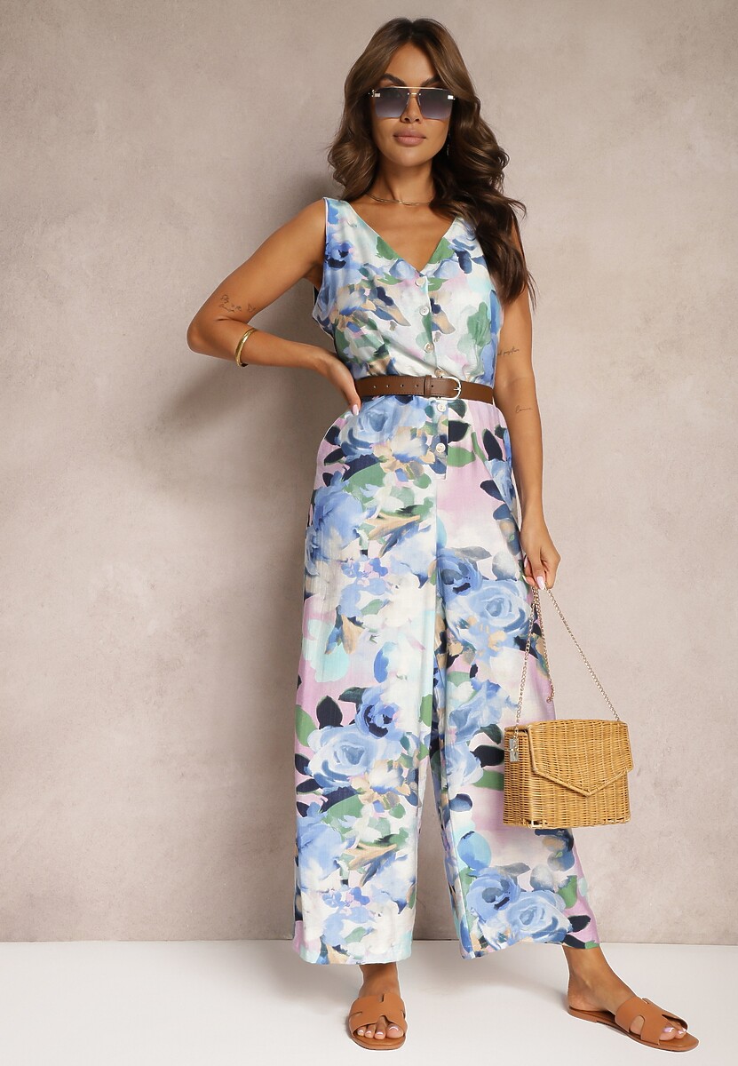 Niebieski Taliowany Kombinezon na Ramiączkach w Kwiatowy Wzór Ilvitela