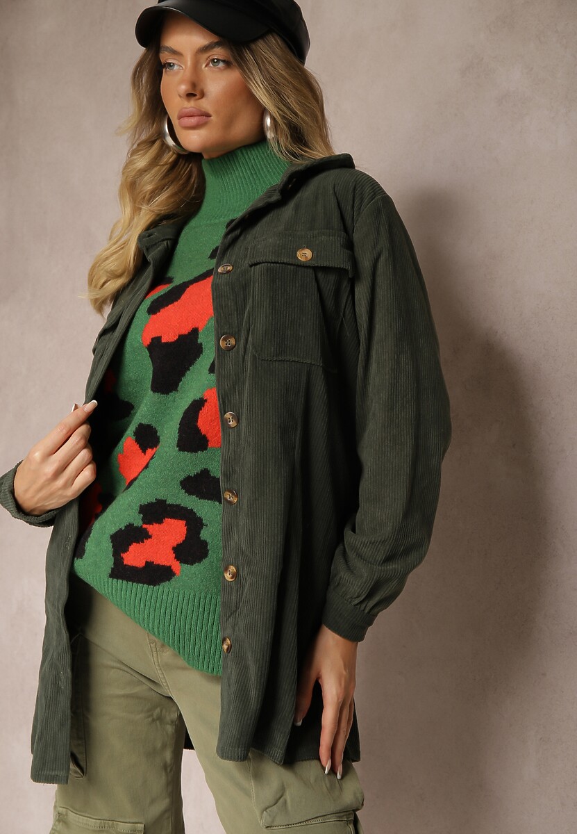 Zielona Taliowana Koszula Sztruksowa o Długim Kroju z Kieszeniami Veloriana